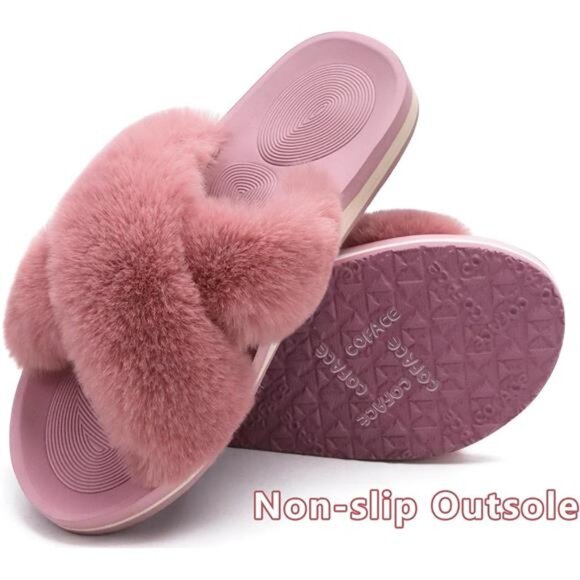 COFACE Womens Fuzzy Slides Fluff Faux Fur Cross Slippers Open Toe Yoga Mat - Picture 3 of 7